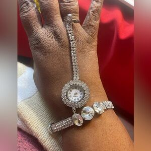Rhinestone Watch Hand Bracelet with an Adjustable Solitaire Ring. 9 inches